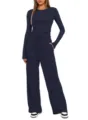 Ensemble haut à manches longues et pantalon large taille haute bleu marine uni variante - XS / Haut et Bas / Bleu marine