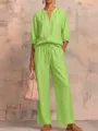 Details of lime green casual two-piece set, zipper top and wide leg pants, summer fashion. - Fluorescent Green