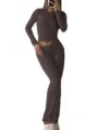 Brown two piece long sleeve crop top and flare pants lounge set for women casual wear - XS / Top And Bottom / Burgundy