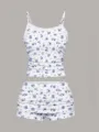 Women blue floral camisole and shorts set sexy cute summer two piece loungewear outfit. - M / Blue Floral
