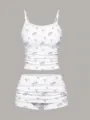 Women cute bow print camisole and shorts two-piece set sexy ruched summer loungewear - S / White Ribbon