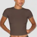 Brown fitted short sleeve crew neck t-shirt basic top slim stretch casual wear variant - S / T-Shirts / Dark Coffee