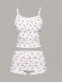 Women floral print cami top and shorts two piece set sweet sexy lounge sleepwear pajamas - Pink Floral