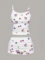 Women cute fig print cami top and shorts loungewear set, breathable two piece sleepwear. - Purple Fig