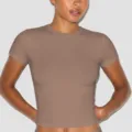 Women slim fit stretch short sleeve t-shirt casual solid color crew neck top wear - S / T-Shirts / Khaki