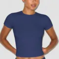 Women's slim fit short sleeve t-shirt casual solid color basic crop top activewear apparel - S / T-Shirts / Dark Blue