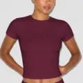 Wine red slim fit short sleeve t-shirt, stretchy crew neck basic crop top for women. - S / T-Shirts / Burgundy