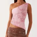 Rosa schulterfreies Perlen Pailletten Top und Rock Set, stilvolles Damen zweiteiliges Outfit. - S / Set / Rosa