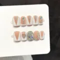 Nude pink white V-French press-on nails with gorgeous rhinestones and sparkly crystal design. - XS / K40-Short Square