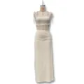 Beige sexy lace patchwork camisole long dress, elegant off-white women's party apparel. - S / Dresses / Apricot