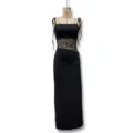 Detail view of the sexy black slip maxi dress featuring lace patchwork and chic cutout waist design. - XS / Dresses / Black