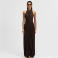 Discover this elegant brown halter neck pleated jumpsuit featuring a stylish backless design. - XS / Jumpsuits / Coffee