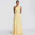 Yellow one-shoulder pleated chiffon maxi dress detail view, elegant summer party wear. - XS / Dresses / Light Yellow