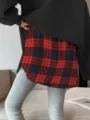 Plaid false hem layering skirt for women, adjustable waist fake two-piece sweatshirt extender. - Red Plaid