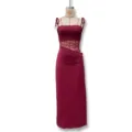 Burgundy spaghetti strap long dress with sheer lace waist cutout for women sexy style - XS / Dresses / Burgundy