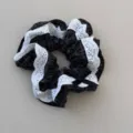 Plaid hair scrunchie with white lace trim and black bow, stylish hair accessory variant. - Hair Tie / Black Plaid