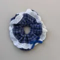 British style plaid scrunchie with white lace trim and blue bow elegant hair accessory for women - Hair Tie / Blue Plaid