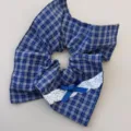 Blue plaid hair scrunchie with white lace trim and cute bow for women and girls style chic. - Large Square / Blue Plaid