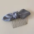 Grey satin bow hair comb detail shot, showing the elegant fabric knot and metal teeth structure. - Blue Knotted Bowknot - Hair Comb