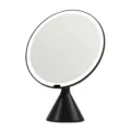 Black desktop LED makeup mirror with ring light and sleek conical base for daily use. - Black