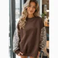 Loose mock neck color block camouflage fleece sweatshirt for women, autumn winter casual style. - S / Coffee