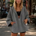 Chaqueta casual lisa con capucha y cremallera y mangas tres cuartos para mujer, moda otoño. - Gris oscuro