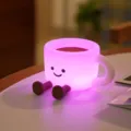 Silicone coffee cup night light, cute facial expression ambient lamp, colorful bedside sleep light for room decor - Multicolored