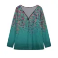 Blusa de manga larga con cuello en V y estampado floral, degradado verde con cremallera. - S / Verde