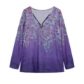 Top morado de manga larga con cuello en V y cremallera, blusa floral casual para mujer. - S / Púrpura