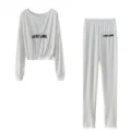 Chándal de canalé para mujer otoño conjunto de dos piezas con top largo y pantalones. - S / Top y Pantalones / Blanco