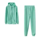 Mint green zip-up hoodie and sweatpants two-piece set, casual autumn sportswear detail view. - Cyan