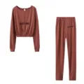 Autumn ribbed letter embroidered long sleeve top and pants casual sports two piece set women - Coffee