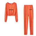 Women Ribbed Knit Long Sleeve Top Pants Lounge Set Casual Orange Tracksuit Track Suit - Orange