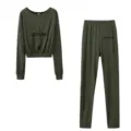 Women green ribbed tracksuit casual two piece set long sleeve top and leggings set - Army Green