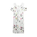 Detail shot of off-the-shoulder floral print short sleeve dress with delicate lace trim. - S / Dresses / White Floral