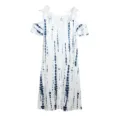 Cold shoulder summer tie-dye dress detail featuring delicate white lace trim and short sleeves. - S / Dresses / White Blue Stripe