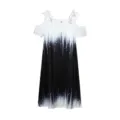 Detail of the women's off-shoulder short sleeve dress with lace trim and gradient print. - S / Dresses / Black White Tie-dye