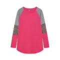 Women long sleeve raglan t shirt pink colorblock leopard stripe casual top detail view - S / Tops / Rose Red