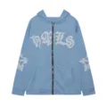 Women blue streetwear zip hoodie with gothic chest letters and sleeve star prints for casual wear. - S / Sky Blue