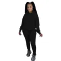 Damen einfarbig Fleece zweiteiliger Kapuzenpullover und Jogginghose Trainingsanzug Set. - S / Oberteil und Unterteil / Schwarz