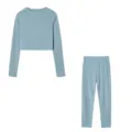 Light blue long sleeve crop top and matching leggings casual two-piece set, detail view. - Blue