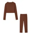 Brown long sleeve crop top and pants set detail shot, showing fine fabric and stitching. - Coffee