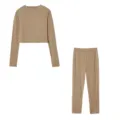 Women casual long sleeve top and pants two piece set comfortable daily wear fashion suit. - Khaki