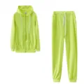 Neon green zip-up hoodie and sweatpants set detail showing drawstring and pocket design. - Green