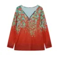 Womens casual long sleeve V-neck zipper floral printed blouse top garment detail view. - Red