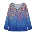 Floral V-neck zipper long sleeve top with stylish gradient blue print design details. - Royal Blue
