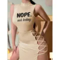 Summer sexy sleeveless dress featuring mock neck, side lace-up cutouts, and stylish chest print. - 6002 Beige