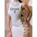 Women Summer White Sleeveless Mock Neck Cut Out Lace Up High Slit Sexy Dress New - 6003 White