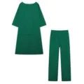 Conjunto de dos piezas pantalón ancho top irregular manga larga casual algodón verde - S / Top y Pantalones / Verde