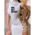 White sleeveless mock neck cut out lace up high slit midi dress with chest printed text - 6004 White